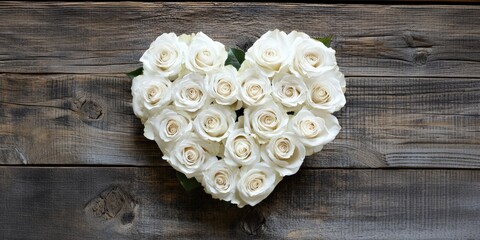Heart-shaped arrangement of white roses bouquet on a rustic wooden surface, symbolizing love and romance. Perfect for Valentine's Day designs, wedding decor, or romantic-themed promotions.
