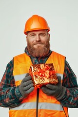 Caucasian mature male construction worker holding wrapped gift with orange hard hat