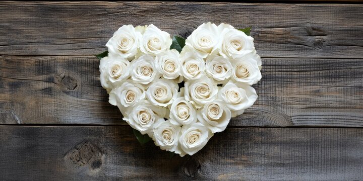 Heart-shaped arrangement of white roses bouquet on a rustic wooden surface, symbolizing love and romance. Perfect for Valentine's Day designs, wedding decor, or romantic-themed promotions.