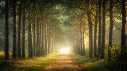 Fototapeta premium Serene Forest Pathway Illuminated by Soft Sunlight, Inviting Tranquility and Nature's Beauty in a Peaceful Woodland Setting