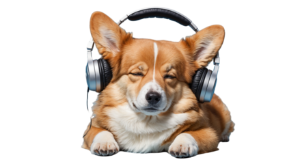 Corgi in Headphones, Relaxing to Music:  A cute corgi dog enjoys a relaxing moment with headphones on, listening to music with eyes closed.  The dog's expression is serene and peaceful.