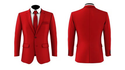 A red suit jacket, front and back views.