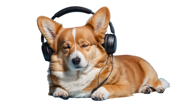 Corgi Music Lover:  A corgi dog wearing headphones, eyes closed, enjoying music.  A funny and heartwarming photo.  Perfect for pet lovers, music lovers. - Powered by Adobe