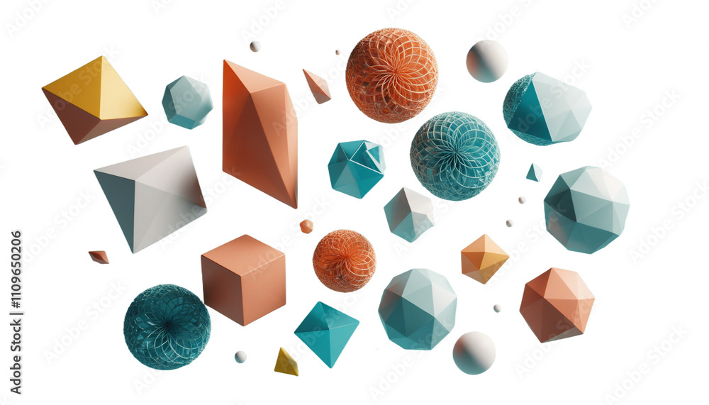 Poster geometric abstract: floating in a space of pure abstract design, various geometric shapes in pastel 