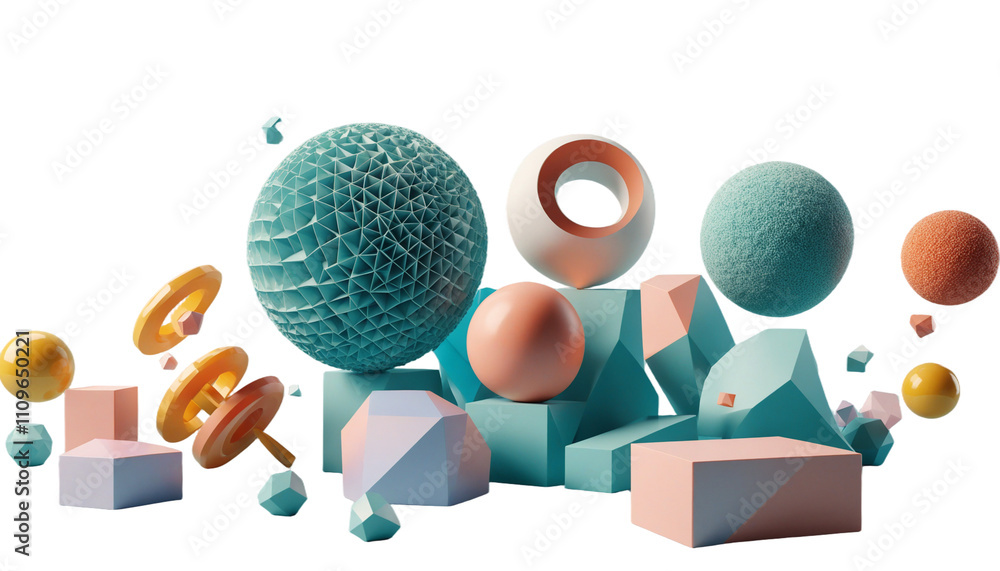 Poster pastel dreamscape: abstract 3d render of playful pastel spheres, geometric shapes, and dynamic forms