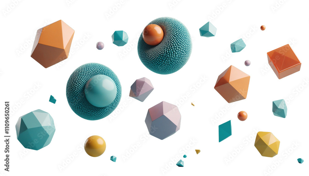 Poster floating geometric shapes: a vibrant and playful composition of geometric shapes in various colors a
