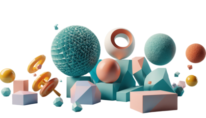 Pastel Dreamscape: Abstract 3D render of playful pastel spheres, geometric shapes, and dynamic forms, creating a vibrant and whimsical composition.  