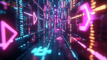 Obraz premium 3D rendering of a futuristic digital corridor Neon pink and blue symbols and data streams flow along a dark metallic tunnel Cyberpunk aesthetic