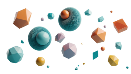 Floating Geometric Shapes: A vibrant and playful composition of geometric shapes in various colors and forms, floating effortlessly in mid-air.