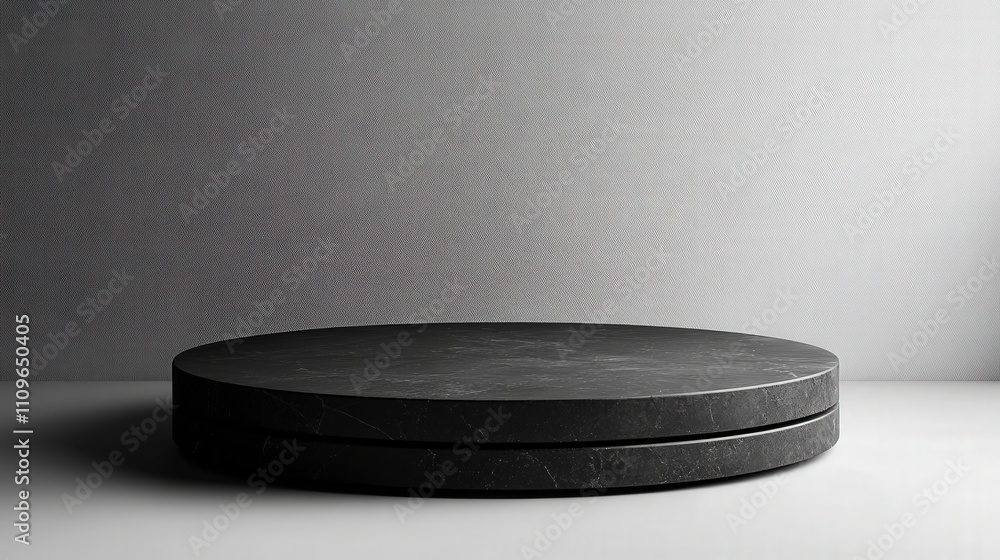 Poster Modern Minimalist Dark Circular Platform in Studio Setting with Soft Shadows and Neutral Background for Displaying Products or Artwork