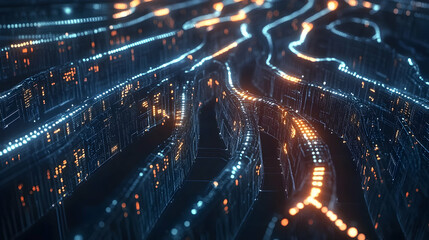  A flowing grid of blue and white luminous lines, showcasing dynamic and futuristic data flow in a virtual environment.