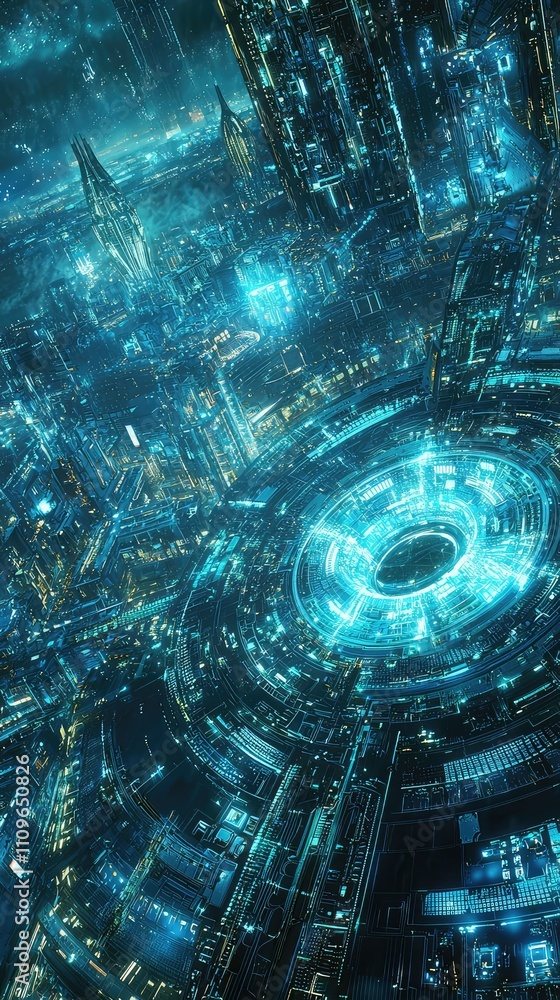 Poster Futuristic Aerial View of a High-Tech Cityscape with Neon Lights and Advanced Architecture in a Sci-Fi Themed Atmosphere