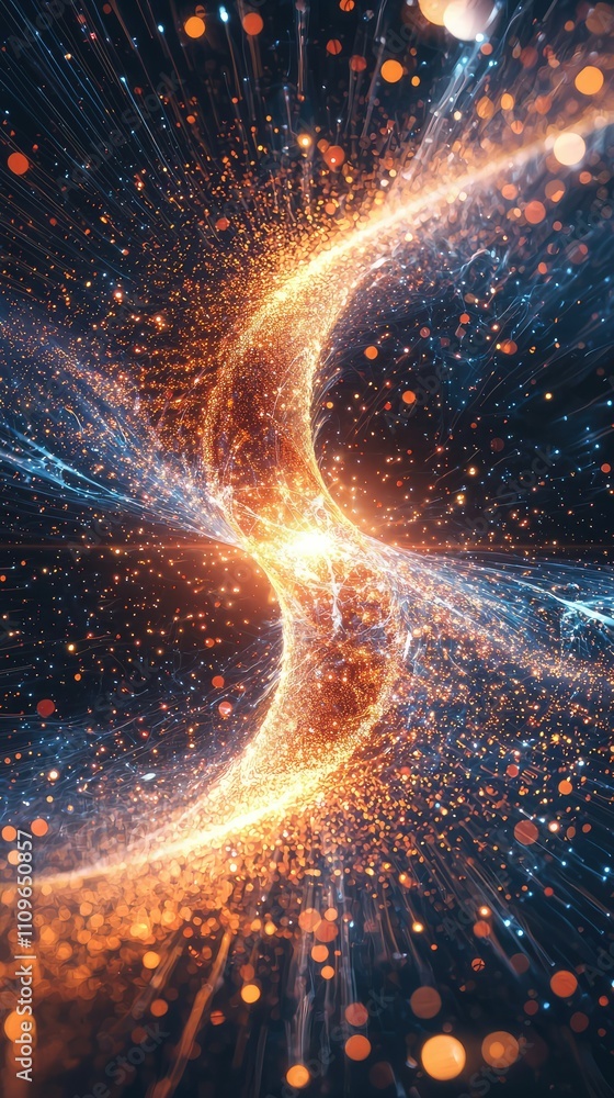 Poster Stunning Abstract Representation of Light and Energy Flowing Through Dark Space with Radiant Particles and Fiery Sparks Creating a Dynamic and Captivating Visual Effect