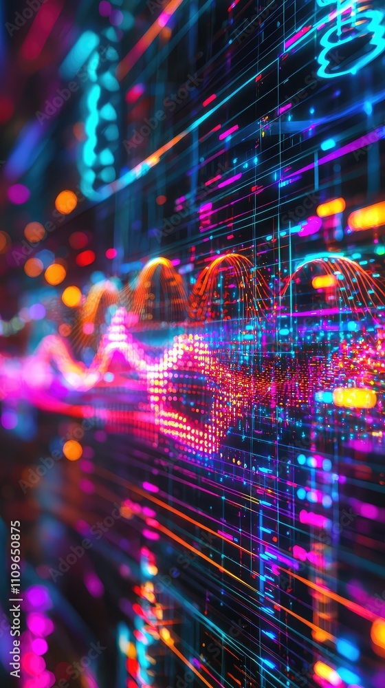 Poster abstract digital wave pattern showcasing vibrant colors and glowing lines against a dark background,