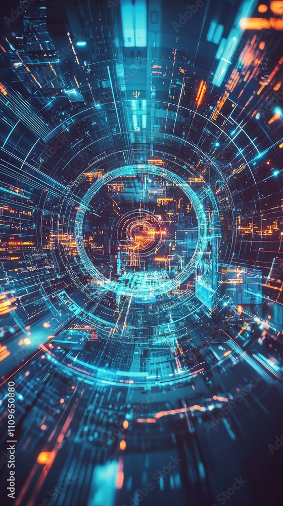 Poster abstract futuristic technology background with glowing lines, digital circuits, and vibrant colors, 