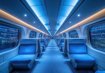 Fototapeta premium Sleek Modern Train Interior Highlighting Futuristic Blue Lighting and Minimalist Design with Empty Seats in an Urban Environment