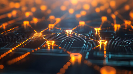 Fototapeta premium A network of glowing orange nodes and pathways on a futuristic dark grid, symbolizing data connectivity and innovation.
