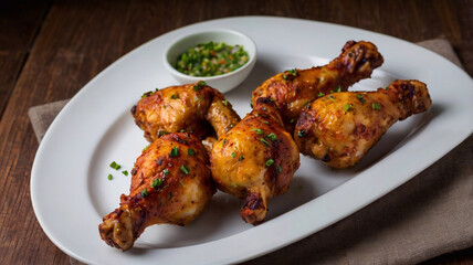 Spiced chicken drumsticks arranged on a plate, ready to serve.