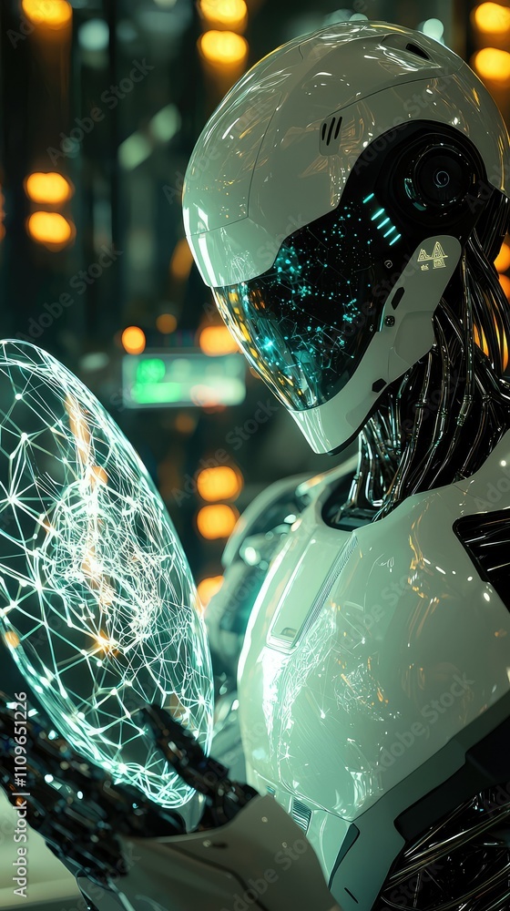 Poster futuristic robot holding a digital sphere with complex network connections, representing advanced te
