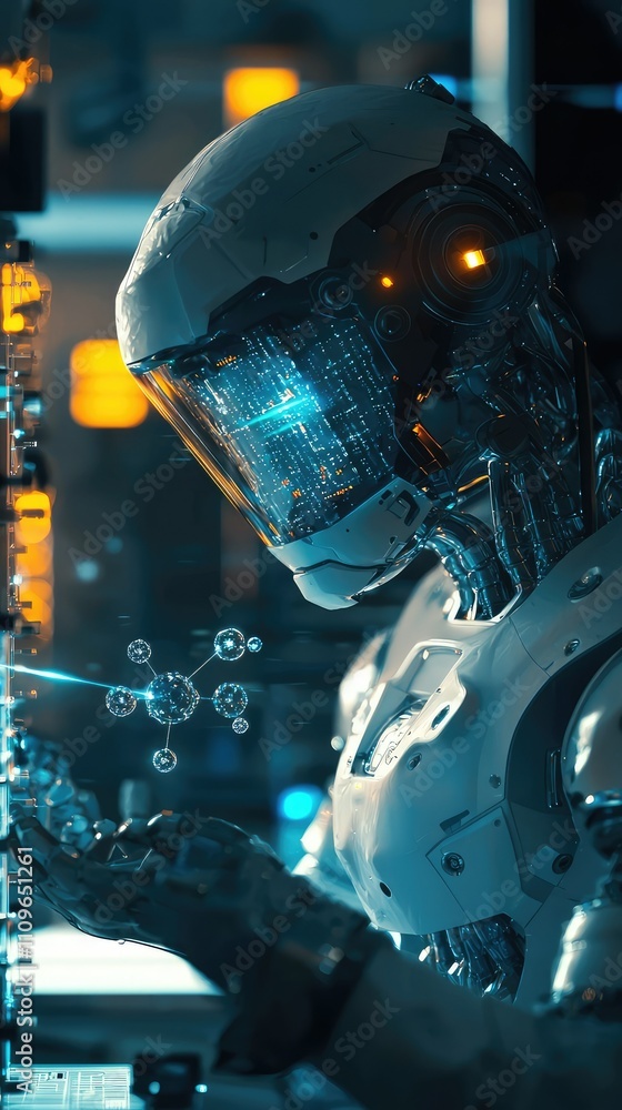 Aufkleber futuristic humanoid robot engaged in analysis of molecular structures in a high-tech laboratory envi