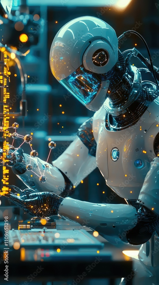 Poster futuristic robot scientist conducting research with molecular models and data visualizations in a hi
