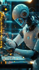 Fototapeta premium Futuristic Robot Scientist Conducting Research with Molecular Models and Data Visualizations in a High-Tech Laboratory Environment