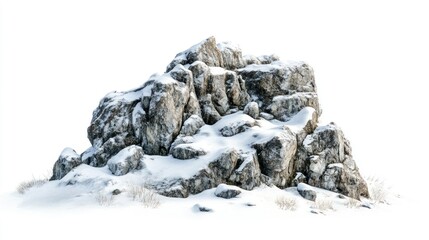 Snow-Covered Rock Formation in a Winter Landscape with a White Background, Highlighting Textures and Layers of Stone Surrounded by Soft Snow