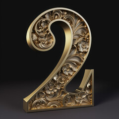 Golden number two in 3d metal adorned with a beautiful ornate filigree and flowers pattern on a dark background