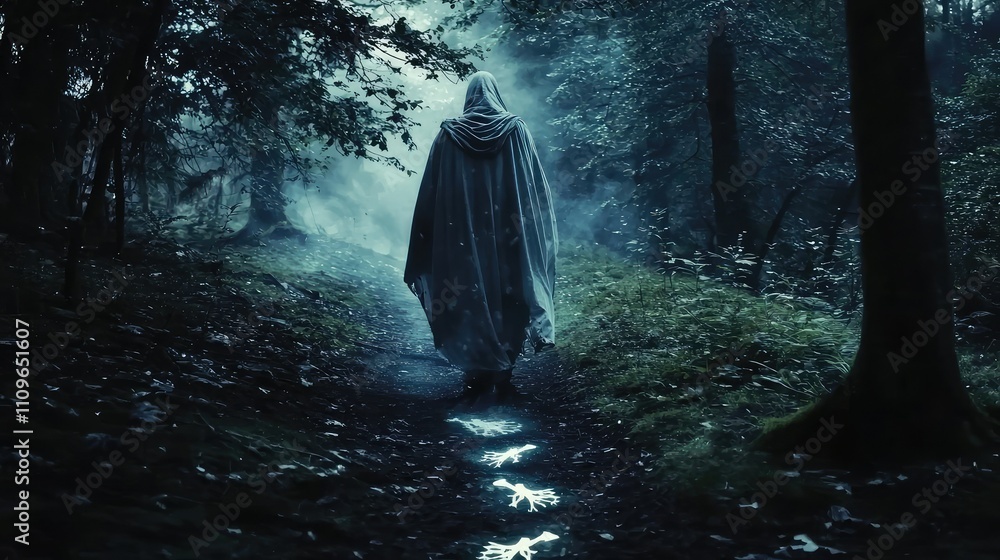 Poster mysterious figure in cloak walking through enchanted forest with ethereal glow on pathway surrounded