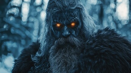 Mysterious Figure with Glowing Orange Eyes Surrounded by a Frosty Wilderness, Emphasizing Dark Fantasy Elements in a Snowy Forest Setting