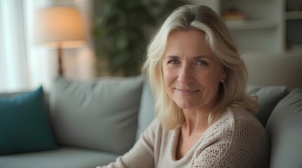 Head shot portrait pretty blonde woman looking at camera, sits relax on sofa photoshooting, enjoy pleasant pastime weekend at home at own or rented apartment. Beautiful mature female profile picture