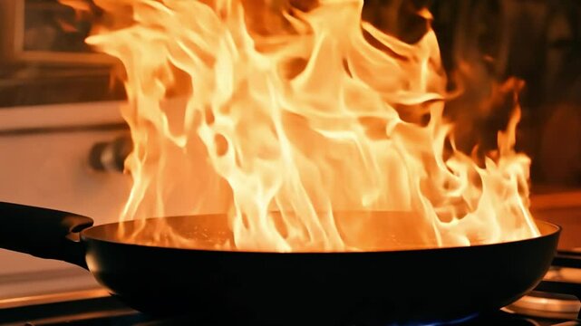 Flames roaring in a frying pan positioned on a gas stove