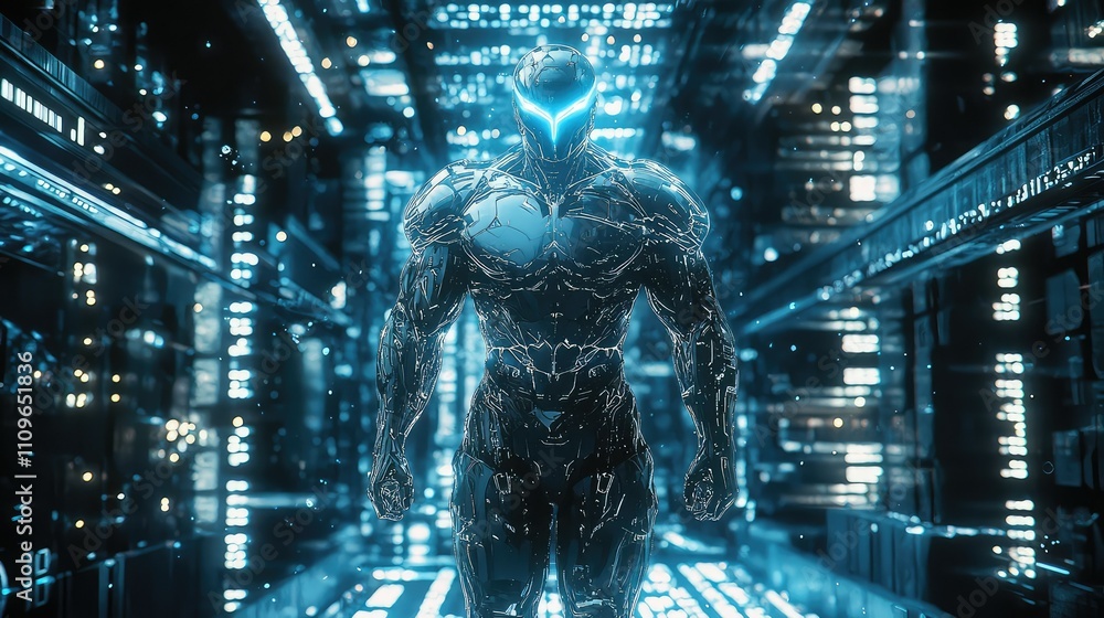 Poster futuristic humanoid robot figure with glowing blue accents, standing in a high-tech digital environm