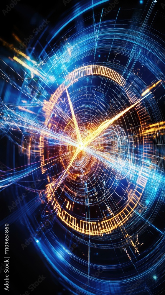 Poster abstract vibrant digital motion with circular patterns and radiant light trails representing technol