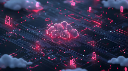 Obraz premium A futuristic glowing pink cloud hovering over a digital cityscape grid, illuminated with neon red and pink highlights.