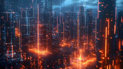 Fototapeta premium A dense urban landscape with glowing orange vertical lights extending across tall skyscrapers, giving a futuristic city view.