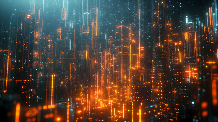 Fototapeta premium A glowing golden cityscape with vertical streaks of light creating an impression of a futuristic, rain-drenched metropolis.