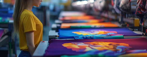 Obraz premium woman working in a t-shirt design factory