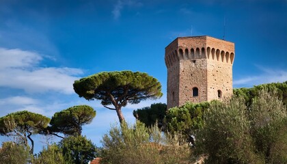 typical historic tower with pine trees in velettri a small village near rome italy