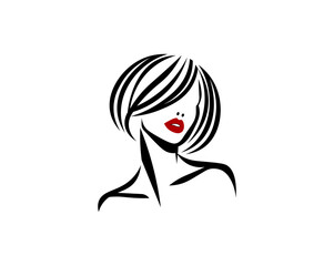 Vector illustration of black and white silhouette of a girl's face with curls and red lips