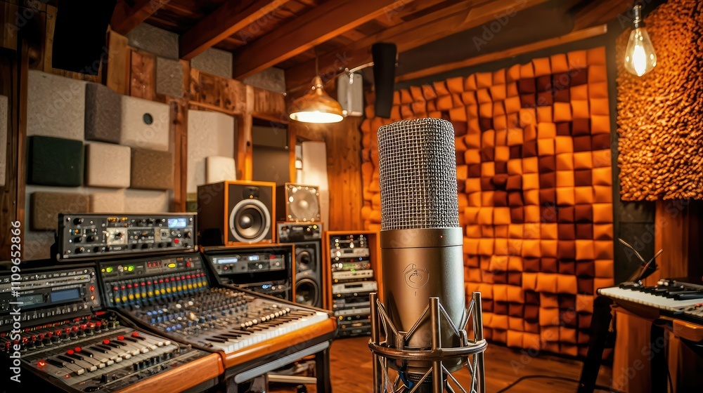 Poster modern recording studio with high-end equipment and microphone, perfect for music production and sou