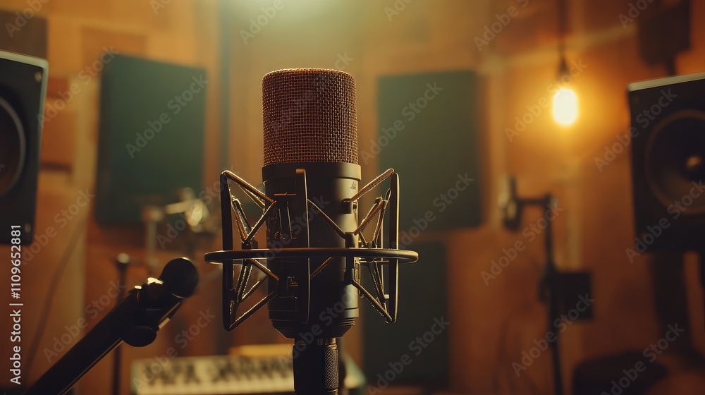 Poster close-up view of a professional microphone set in a cozy recording studio with soundproof panels and