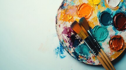 Colorful Palette with Brushes Over White Background Ideal for Artistic Creations, Painting Ideas, and Creative Projects in Art Studios or Classes