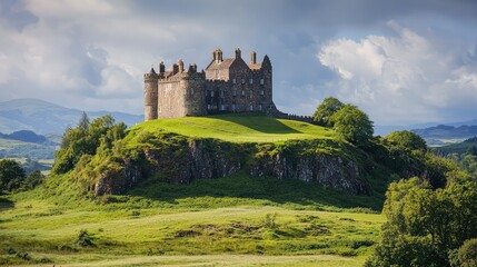 Majestic Medieval Castle on a Hilltop Surrounded by Lush Green Landscapes and Dramatic Skies, Evoking a Sense of History and Enchantment in Nature