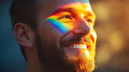 Close-up of a smiling man in sunlight with a rainbow light reflection on his face, symbolizing positivity, joy, and inclusivity in a vibrant outdoor setting.