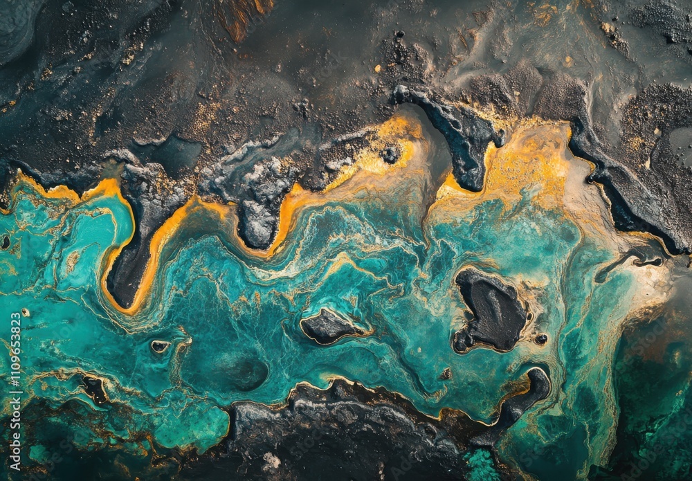 Poster abstract aerial view of colorful patterns resembling ocean waves with vibrant turquoise and gold col