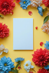 Flat-Lay of Red and Blue Flowers with Blank Card on Pastel Yellow Background
