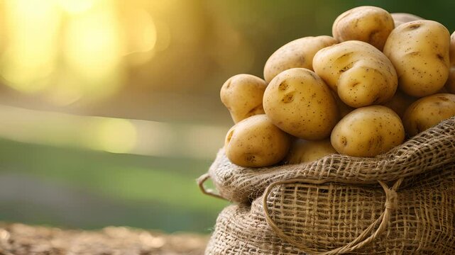 Close-up of burlap sack full of organic russet potatoes against blurred background