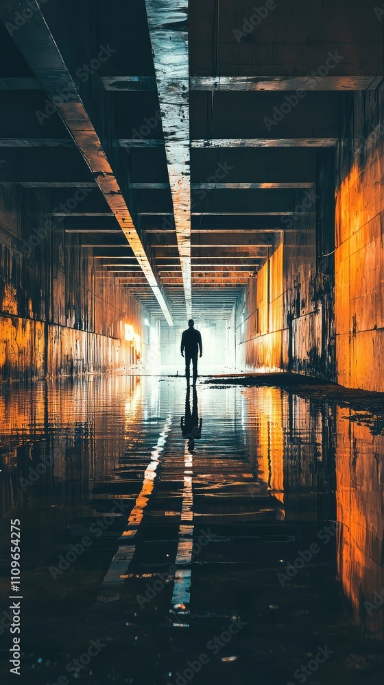 Poster mysterious figure standing in abandoned tunnel with reflections and dramatic lighting creating an at