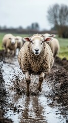 Obraz premium Playful Sheep Running Through Muddy Trail in Pastoral Landscape, Capturing the Essence of Farm Life and Natural Environment in Rural Setting